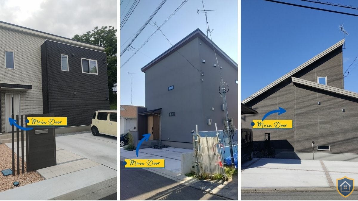 Three modern Japanese houses showing blank wall strategy with minimal street-facing windows for privacy