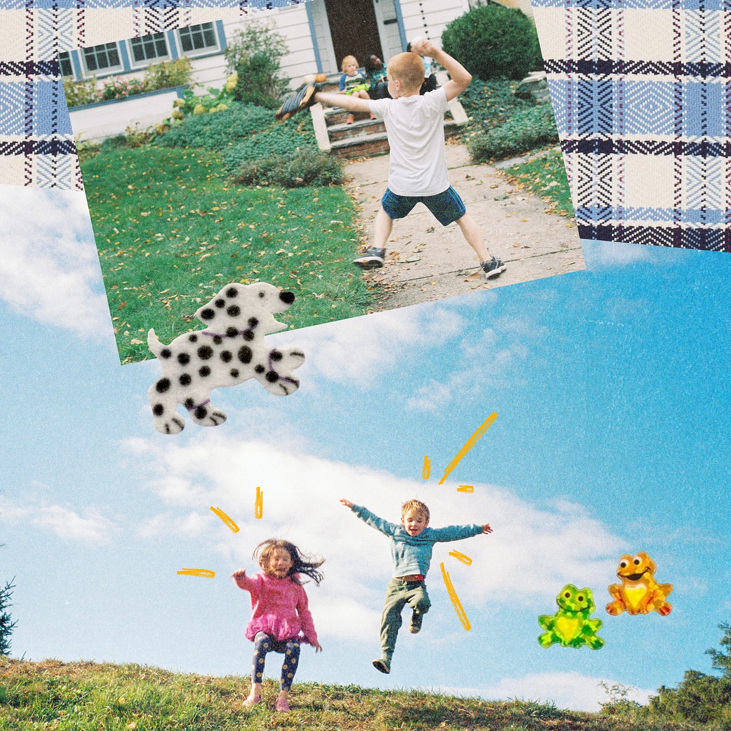 Two collaged photos of children playing and jumping outdoors, decorated with illustrated dog and frog stickers and yellow burst accents.