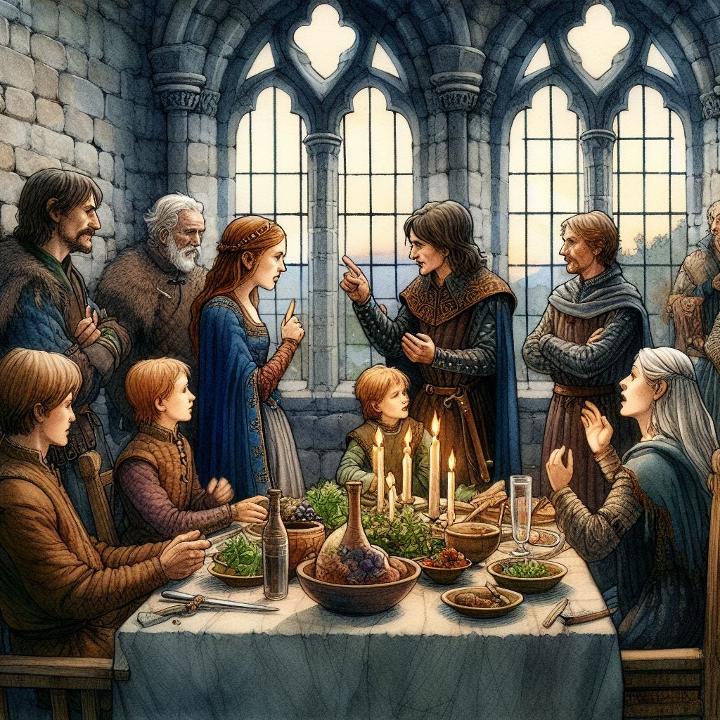 Squabbling at dinner. Image by Bing