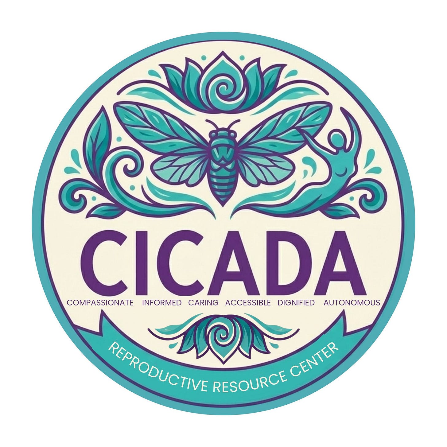 The CICADA Center logo, featuring vibrant teal and cream lettering, an illustration of a cicada, and "Reproductive Resource Center"