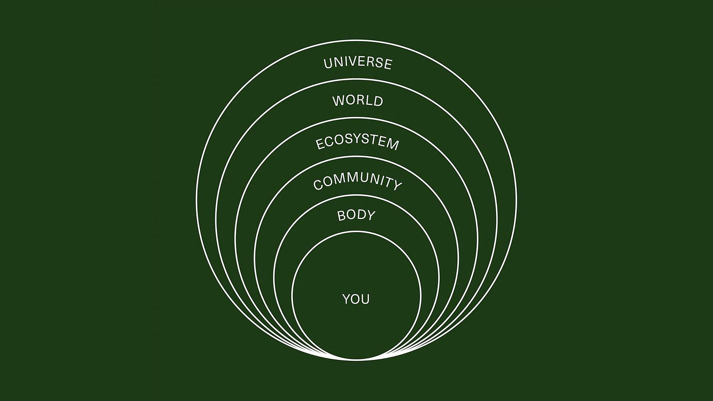 A diagram of concentric circles, placing people as a part of nature instead of above it. A diagram of concentric circles, placing people as a part of nature instead of above it.