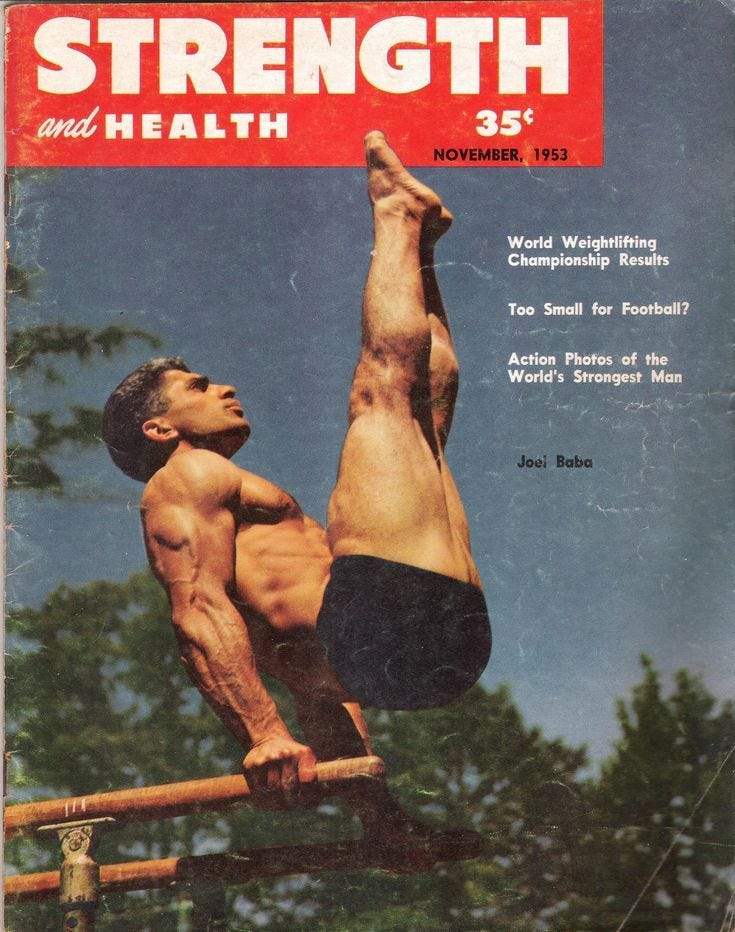 This may contain: the cover of strength and health magazine showing a man doing acrobatic exercises