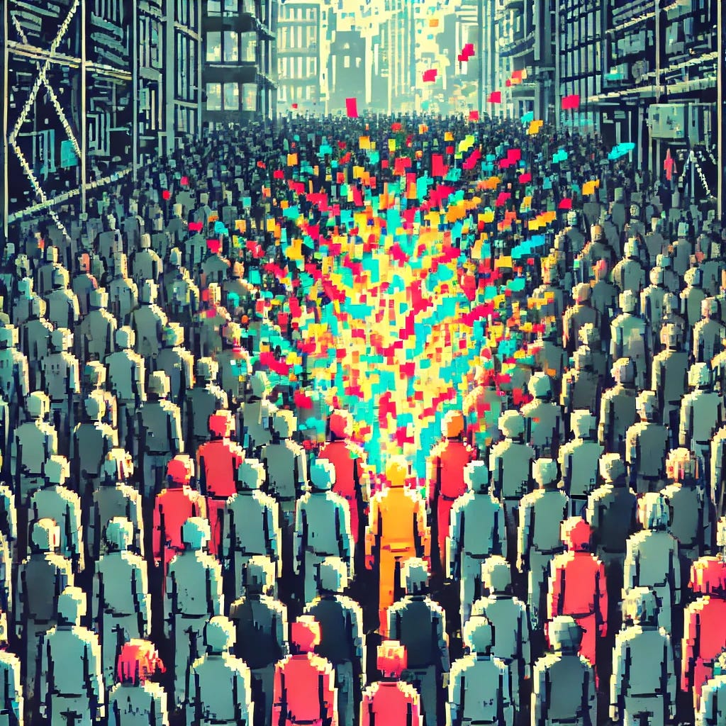 A retro 8-bit pixel art scene of a dense, tightly packed crowd of identical characters, all in muted colors, moving in sync like a digital system. The figures are standing shoulder to shoulder, creating a sense of overwhelming uniformity. In the center, one character is glitching—flashing with vibrant, pixelated distortions, disrupting the rigid pattern. The glitch effect is dynamic, with scattered pixels and color breaks symbolizing individuality fighting against conformity. The background is a cyberpunk-style pixel city, enhancing the dystopian feel.
