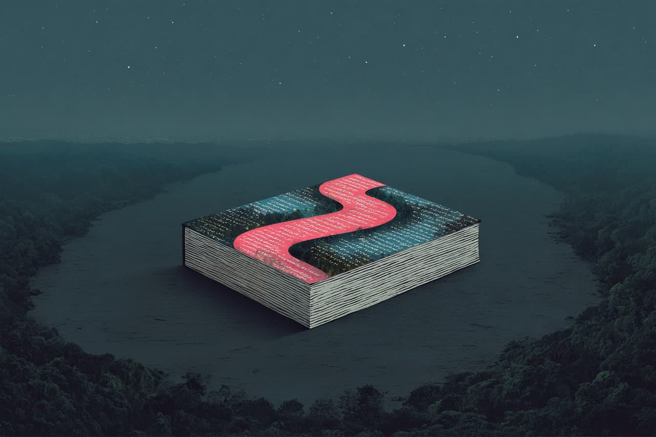 a book with a cover that represents a widing path, in a dark woods with stars in the sky