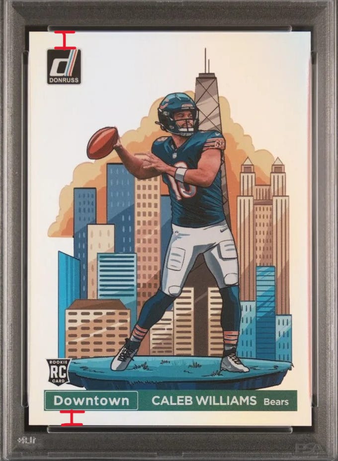 Correct top/bottom centering for PSA 10 Caleb Williams Donruss Downtown Rookie Card. Correct top/bottom centering for PSA 10 Caleb Williams Donruss Downtown Rookie Card.