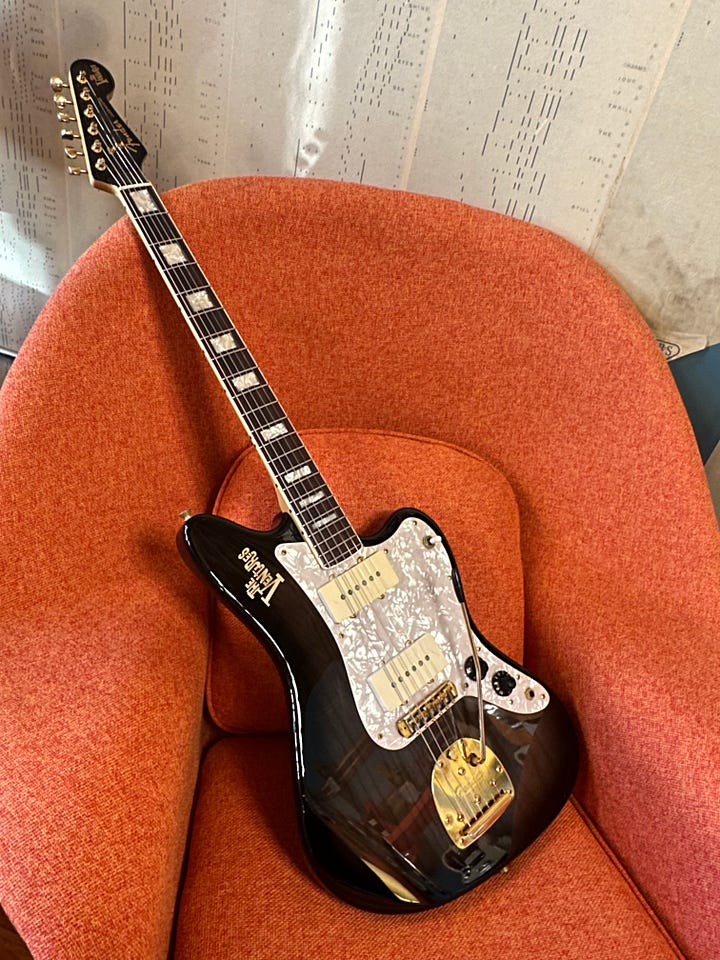 A Ventures Signature Jazzmaster model JM-165VR (Don Wilson) that came through the shop earlier this year, seen also with an original copy of 'Ventures in Japan.'