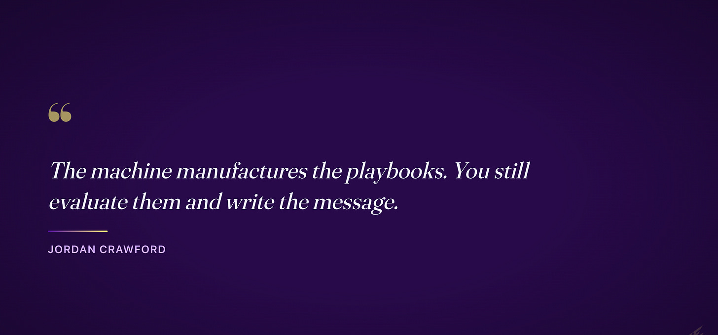 The machine manufactures the playbooks. You still evaluate them and write the message. — Jordan Crawford