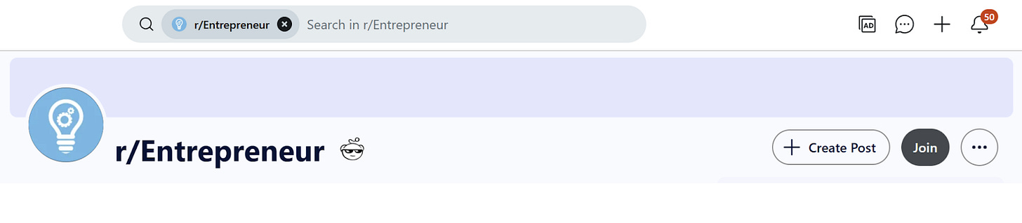 Header of the r/Entrepreneur subreddit, Reddit’s largest community for business founders.