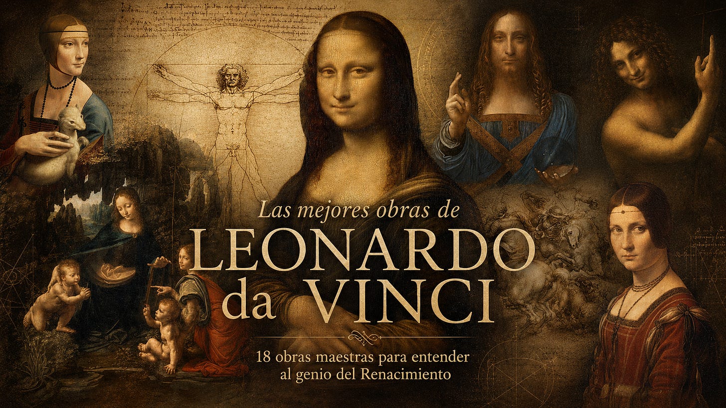 Las mejores obras de Leonardo da Vinci agrupadas en un collage artístico que incluye la Mona Lisa, el Hombre de Vitruvio y Salvator Mundi.