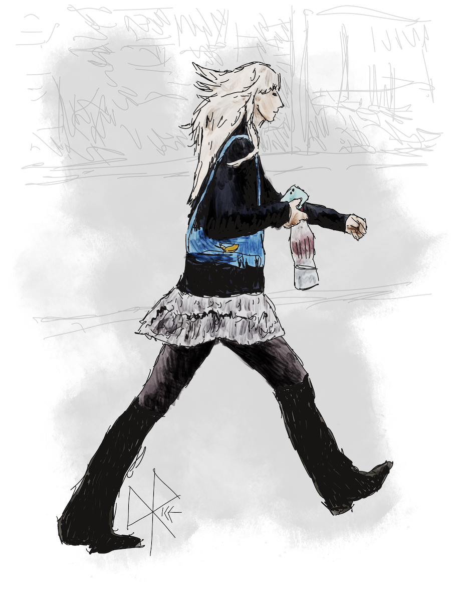A woman strides with purpose down a sidewalk. Sketch art by Don Rice. A woman strides with purpose down a sidewalk. Sketch art by Don Rice.
