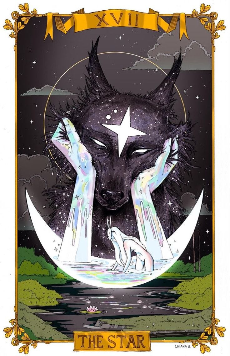 This may contain: the star tarot card with an image of a wolf on it