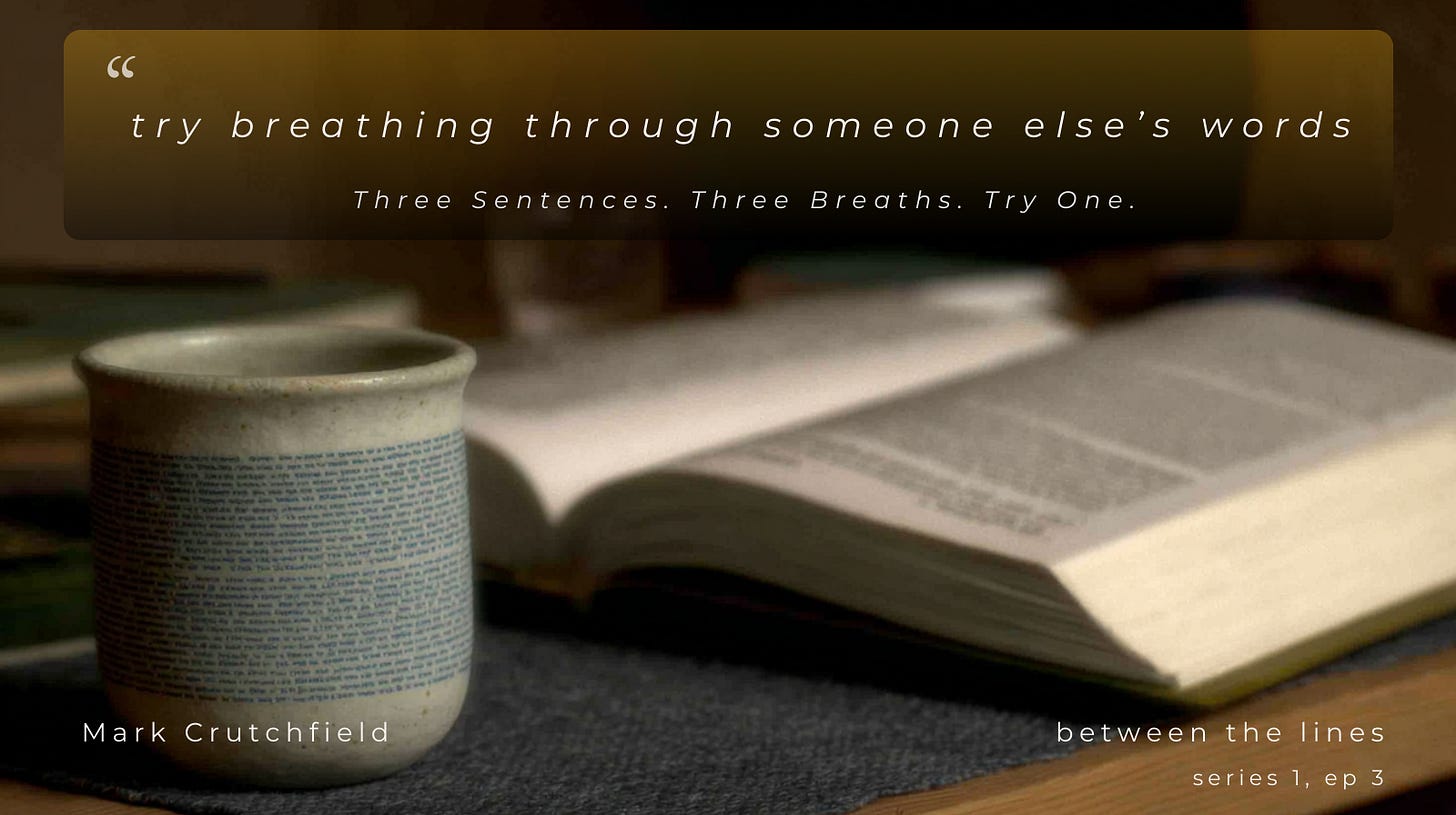 A ceramic mug beside an open book, overlaid with a reflective quote from between the lines by Mark Crutchfield. A ceramic mug beside an open book, overlaid with a reflective quote from between the lines by Mark Crutchfield.