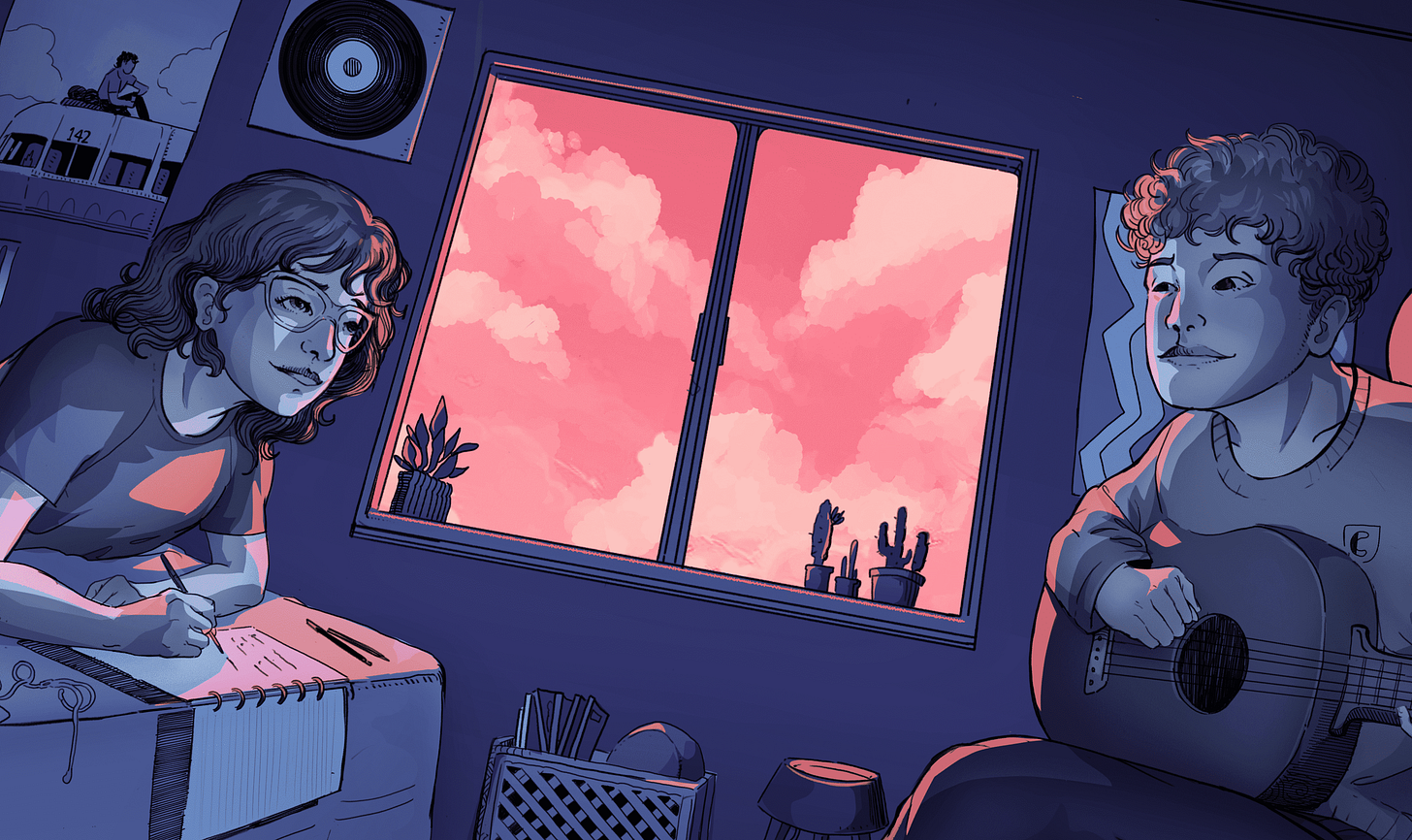 Parte da capa do meu novo livro, uma ilustração em tons de roxo de dois jovens, um garoto e uma garota, olhando um para o outro. Os dois estão dentro de um quarto. Ela escreve em um caderno, ele toca violão. Entre eles, uma janela que derrama sua luz no quarto. Lá fora, um céu cor de rosa.