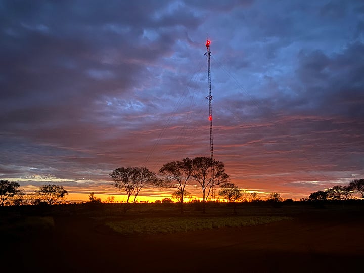 Screen shots of weather predictions from the Bureau of Meteorology. Photos of a sunset the gloaming and a sunrise.