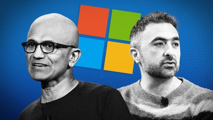 Montage of images of Satya Nadella and Mustafa Suleyman