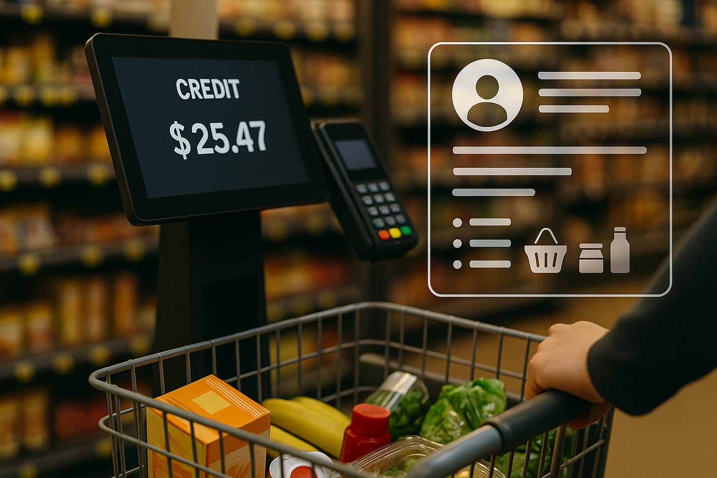 A modern grocery store checkout with a sleek point-of-sale system, showing a total and payment screen. A faint digital overlay suggests data tracking of customer purchases, symbolizing how loyalty programs collect and analyze shopping habits.