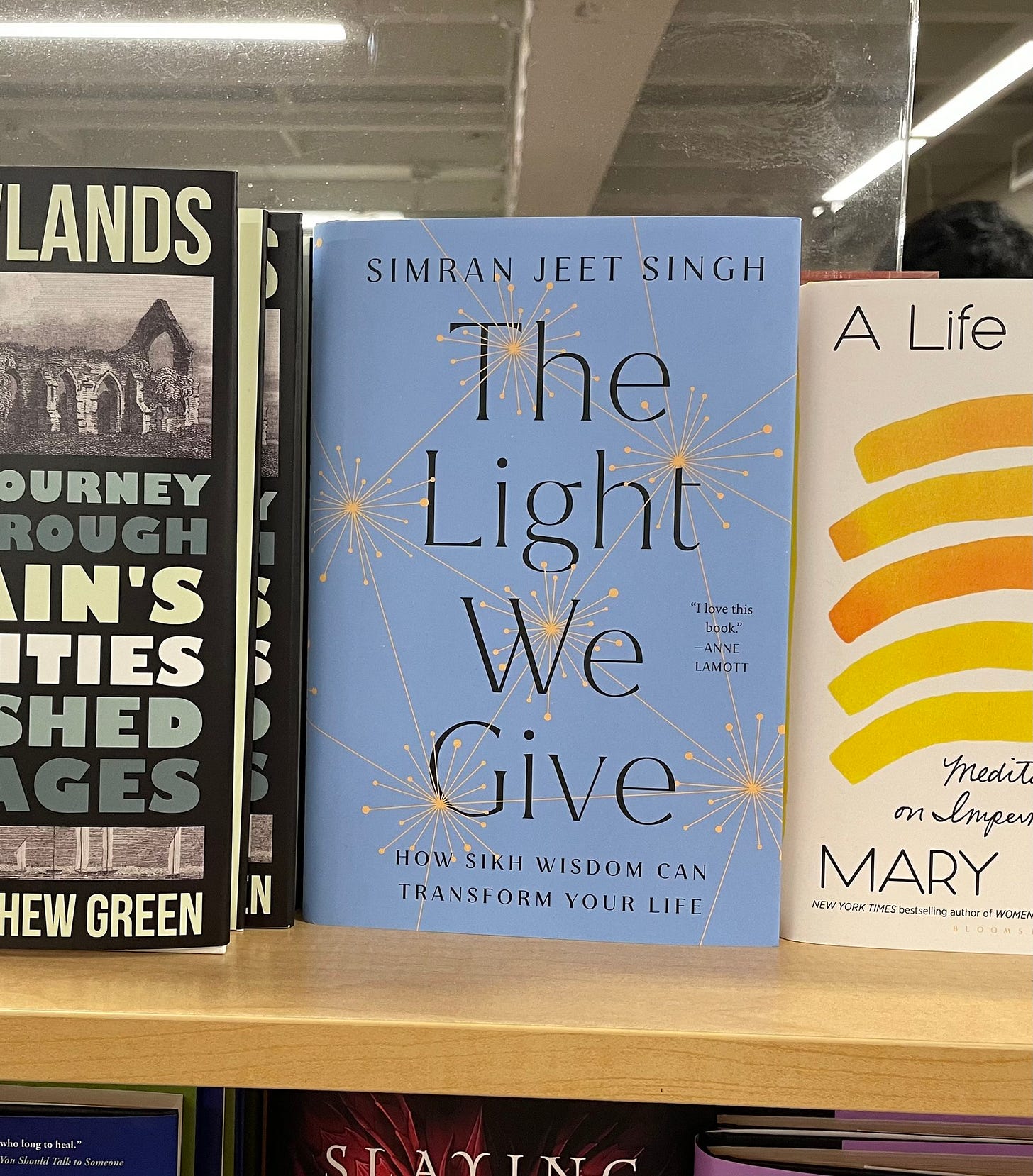 A photo of Simran's book sitting on an indie bookstore shelf 