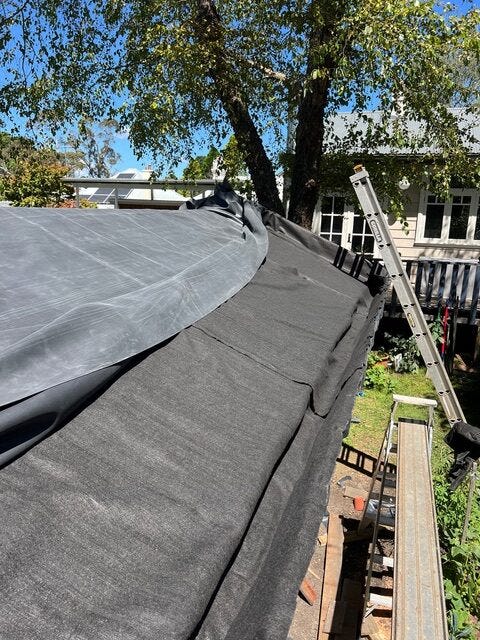 Waterproof pondliner was then pulled across the roof over the geofabric. Waterproof pondliner was then pulled across the roof over the geofabric.