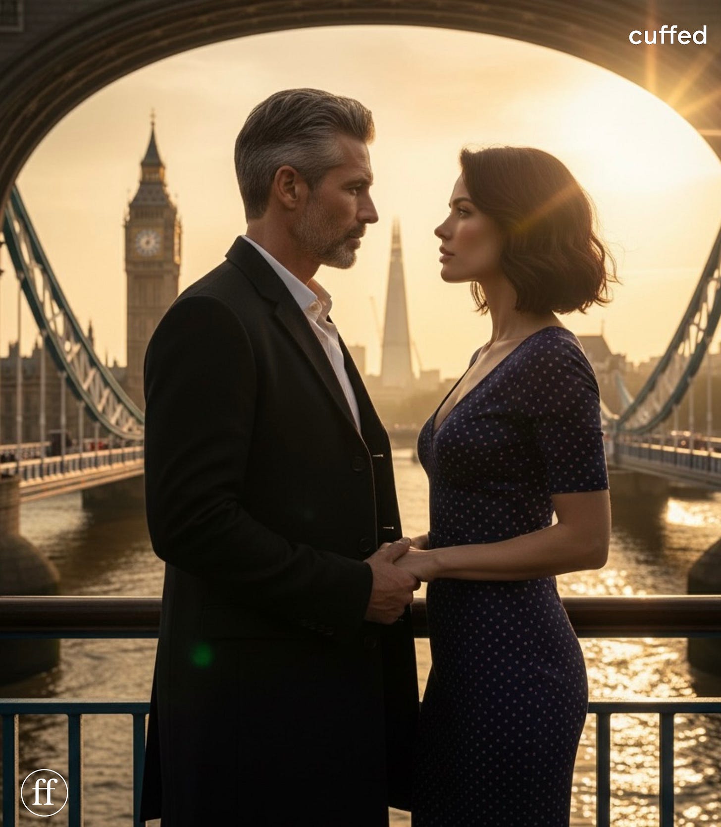 author and daphne on london’s tower bridge at golden hour. pearl-toned light reflecting off the thames. she’s in a flowing champagne silk dress, he’s in a dark tailored coat. warm cinematic lighting, soft bronze glow. logo: wine-red fused “ff” bottom-right. mood: trust, stillness, intimacy, emotional safety. tags: “romantic quote about presence”, “masculine introspection”, “emotional safety in relationships”, “cuffed daphne palette”.