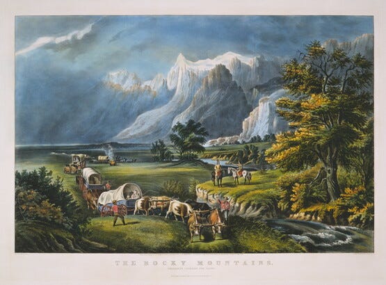This image shows Currier & Ives's 1866 lithograph of Frances Flora Bond Palmer's painting "The Rocky Mountains: Emigrants Crossing the Plains." This image shows Currier & Ives's 1866 lithograph of Frances Flora Bond Palmer's painting "The Rocky Mountains: Emigrants Crossing the Plains."