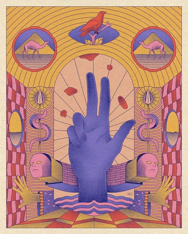This may contain: a poster with an image of a hand reaching out to another person's head