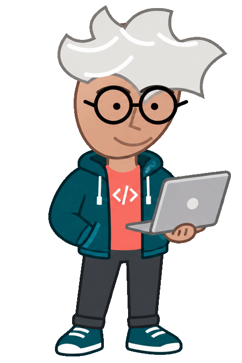AI Buzz programmer mascot animated through laptop, pointing, and presenting poses