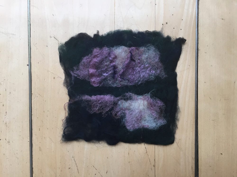 Foreground: copper silk + white wool mix Background: green + blue wool