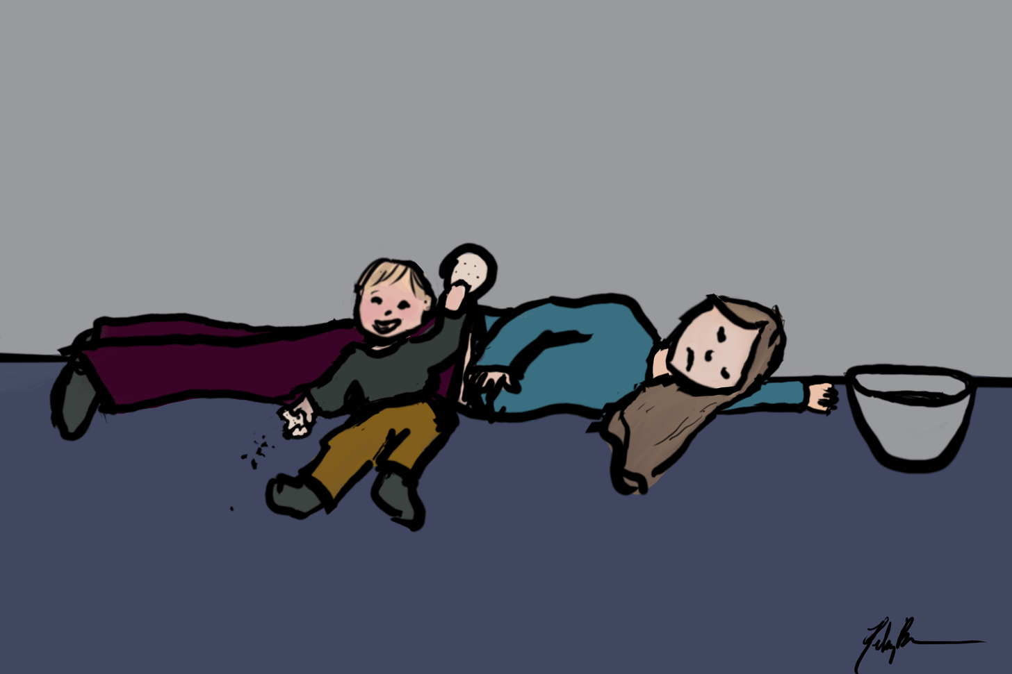 An exhausted woman with the start of a pregnancy belly lies on the floor reaching for a mixing bowl while a very happy toddler plays with crackers around her