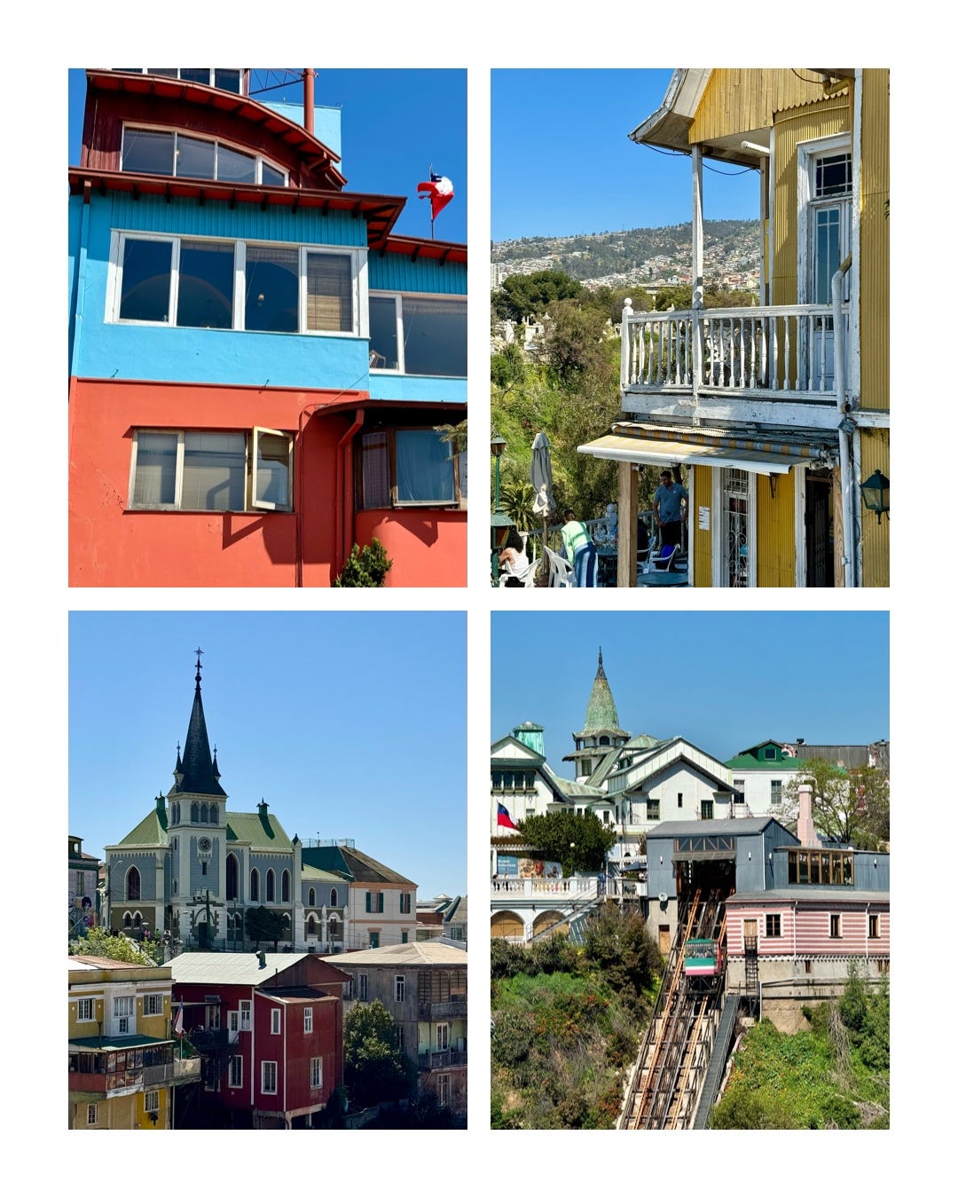 Cuatro fotos de casas en Valparaíso. La primera a la izquierda es La Sebastiana, de Pablo Neruda. Fotos propias. 