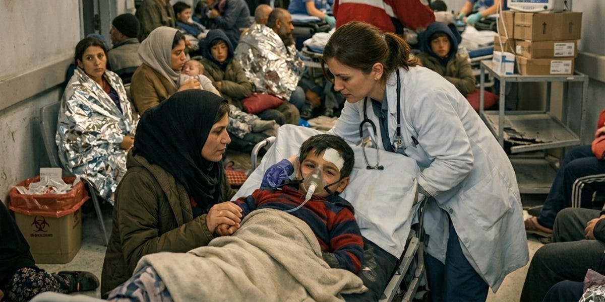 Doctor treating an injured refugee child on a hospital stretcher in a crowded emergency room, illustrating concerns that cuts to Canada’s refugee healthcare program could increase pressure on provincial ER’s. Doctor treating an injured refugee child on a hospital stretcher in a crowded emergency room, illustrating concerns that cuts to Canada’s refugee healthcare program could increase pressure on provincial ER’s.