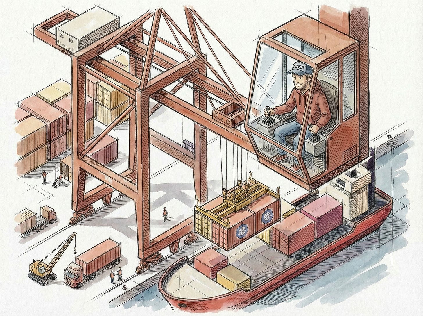 Developer workstation with multiple monitors displaying Kubernetes dashboard with colorful pod nodes, clusters, and resource allocation charts, terminal showing kubectl commands, and Docker containers illustrated as stacked shipping containers being orchestrated