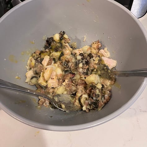 stuffing, mashed potatoes, turkey, waffle iron, waffle