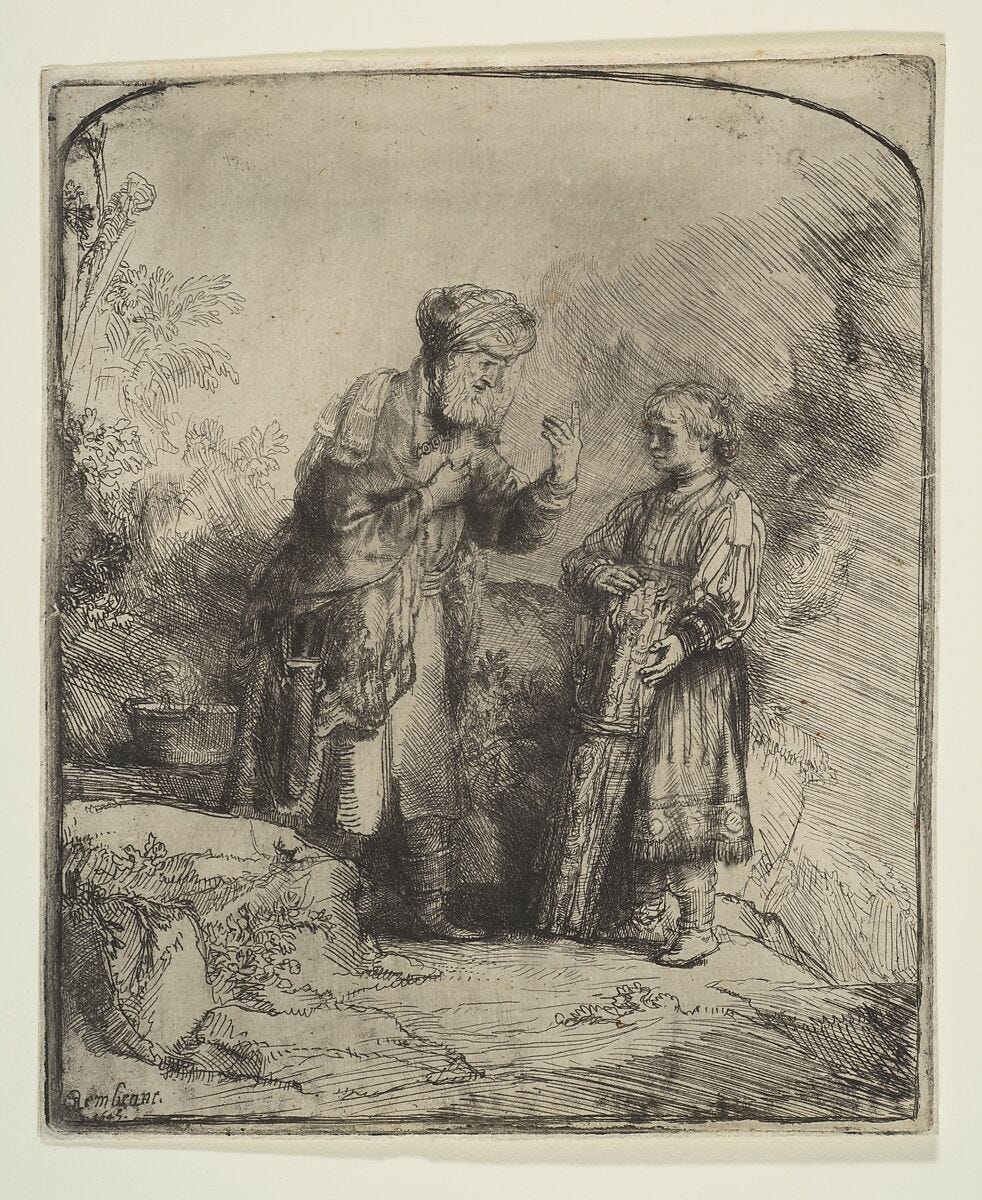 Abraham and Isaac, Rembrandt (Rembrandt van Rijn) (Dutch, Leiden 1606–1669 Amsterdam), Etching, plate tone; first of two states