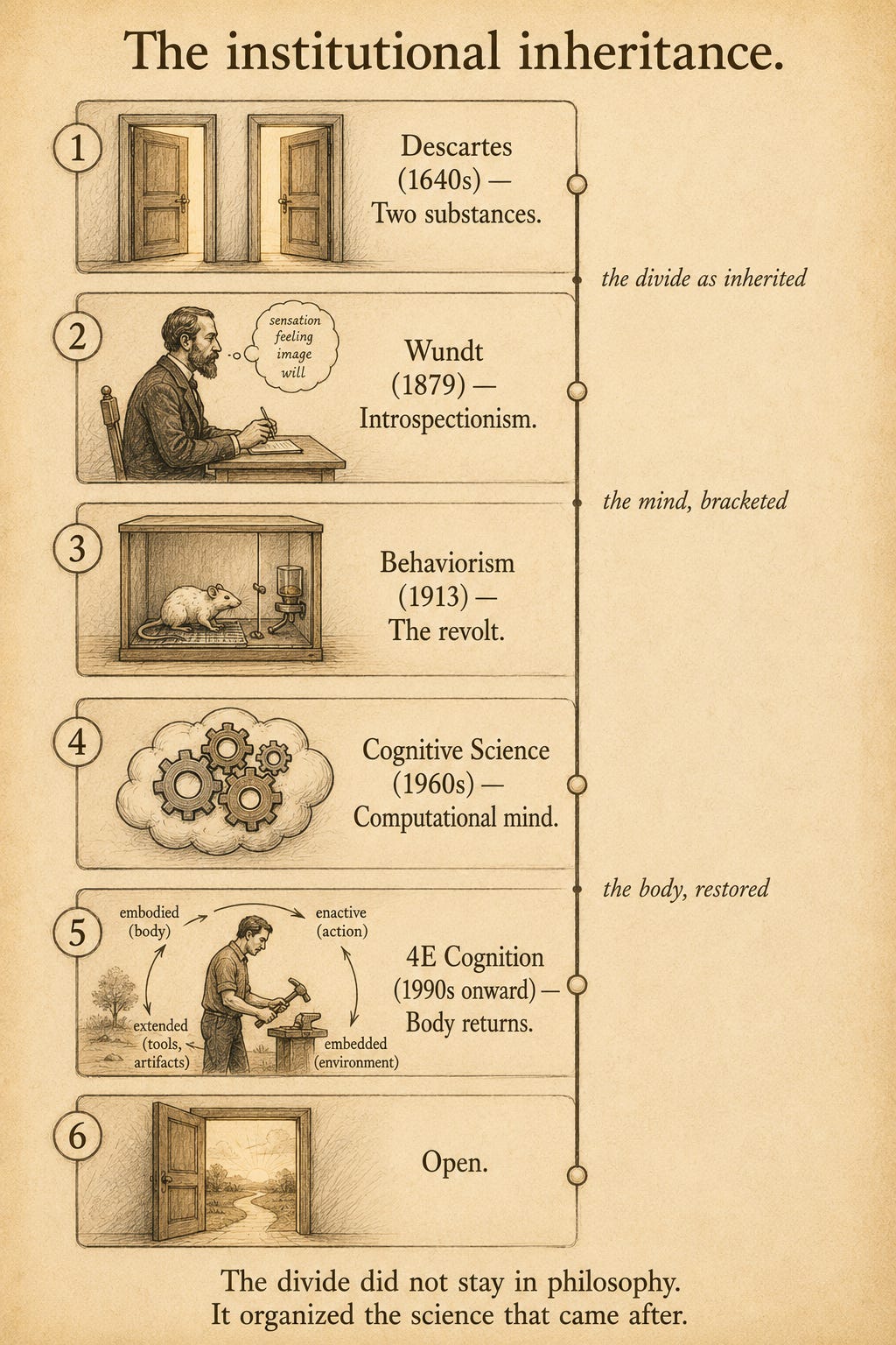 A vertical timeline diagram in soft warm line-art, six labeled nodes connected by a single vertical line running top to bottom. Node 1: "Descartes (1640s) — Two substances," with an icon of two doors. Node 2: "Wundt (1879) — Introspectionism," with an icon of a seated observer reporting on inner states. Node 3: "Behaviorism (1913) — The revolt," with an icon of an organism in a Skinner box with no inner state visible. Node 4: "Cognitive Science (1960s) — Computational mind," with an icon of a brain represented as gears in a cloud, disembodied. Node 5: "4E Cognition (1990s onward) — Body returns," with an icon of a human figure engaged with tools and arrows indicating embodied, enactive, embedded, extended. Node 6: "Open," with an icon of an open door. Right-side annotations between nodes: "the divide as inherited," "the mind, bracketed," "the body, restored."