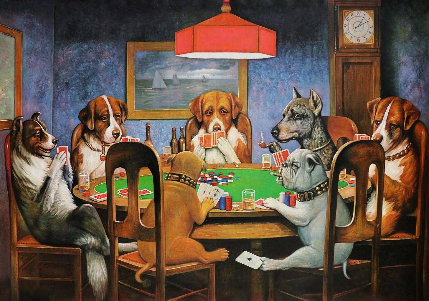 A Friend in Need by Cassius Marcellus Coolidge: seven dogs playing poker under a red lamp, one slipping a card to another A Friend in Need by Cassius Marcellus Coolidge: seven dogs playing poker under a red lamp, one slipping a card to another