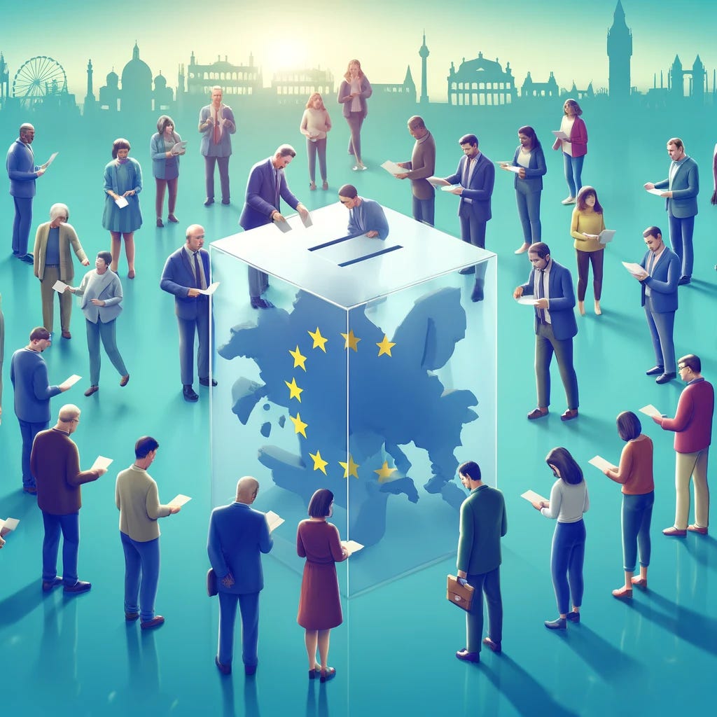 A diverse group of people of different ages and ethnicities gathered around a large transparent ballot box shaped like Europe, symbolizing inclusiveness and transparency in voting. Each person is placing their vote into the box. The background features a soft gradient of blue, representing the European Union flag color, with subtle outlines of famous European landmarks like the Eiffel Tower and Colosseum faintly visible, emphasizing the continental scope. The scene conveys a sense of unity and democratic participation in European elections.