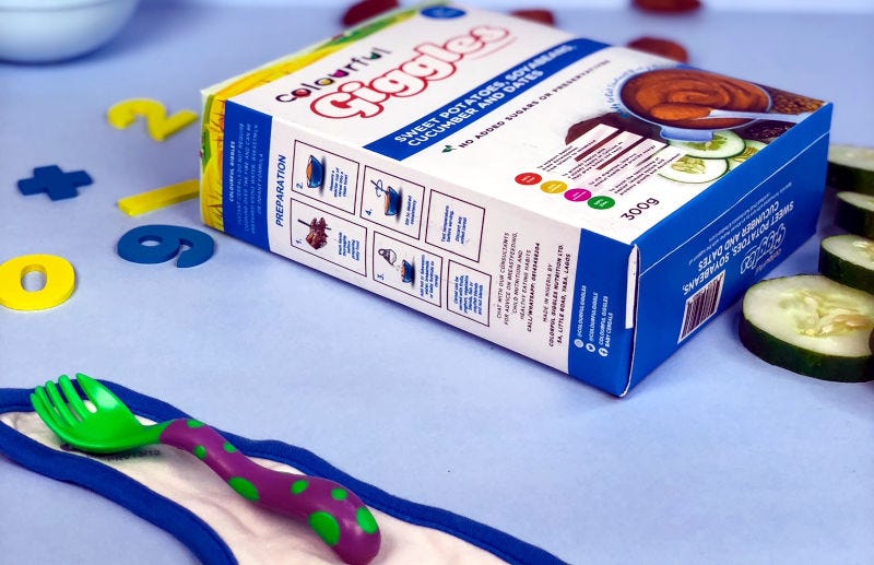 Colourful Giggles' baby food is sold in 300g boxes.