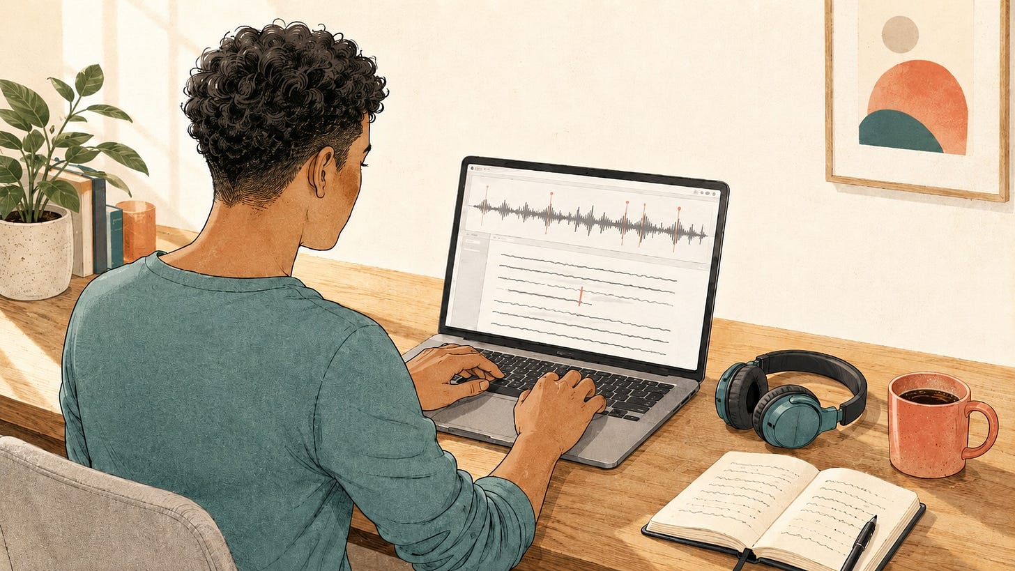 Over-the-shoulder view of a creator with medium-warm skin tone and short curly hair, wearing a muted-teal henley, working at a laptop on a wooden desk. The laptop screen shows a two-pane editor: an audio waveform on top with playhead marks, and a transcript view below with wavy lines suggesting body copy and a small cursor mid-line. 