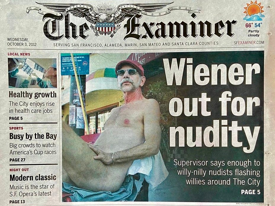 Front page of The San Francisco Examiner from October 3, 2012, showing a shirtless Andy Tabbat seated in Jane Warner Plaza with the headline “Wiener out for nudity.”