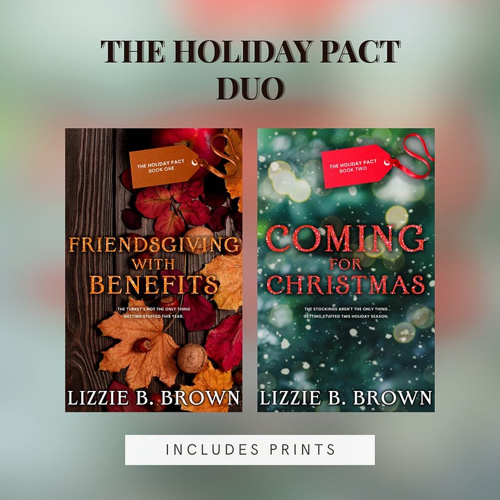 The Holiday Pact Duo and Other Prizes. Shows book covers of books featured in giveaway. And text showing which books get prints. Bonus: $15 gift card