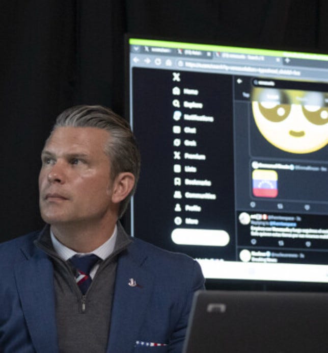 Hegseth and in the background on a screen is twitter, which is displaying a post with the giant 🥺 emoji