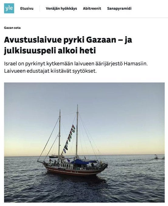 Yleisradiossa syytettiin nimenomaan Hamasin kuukausia kestäneen Sumud-flotillan ja Gretan Thunbergin julkisuus- ja mediapelistä – kierosti inversiota käyttäen – Israelia. Sitä todellista julkisuuspeliä ei olla edes näkevinään.