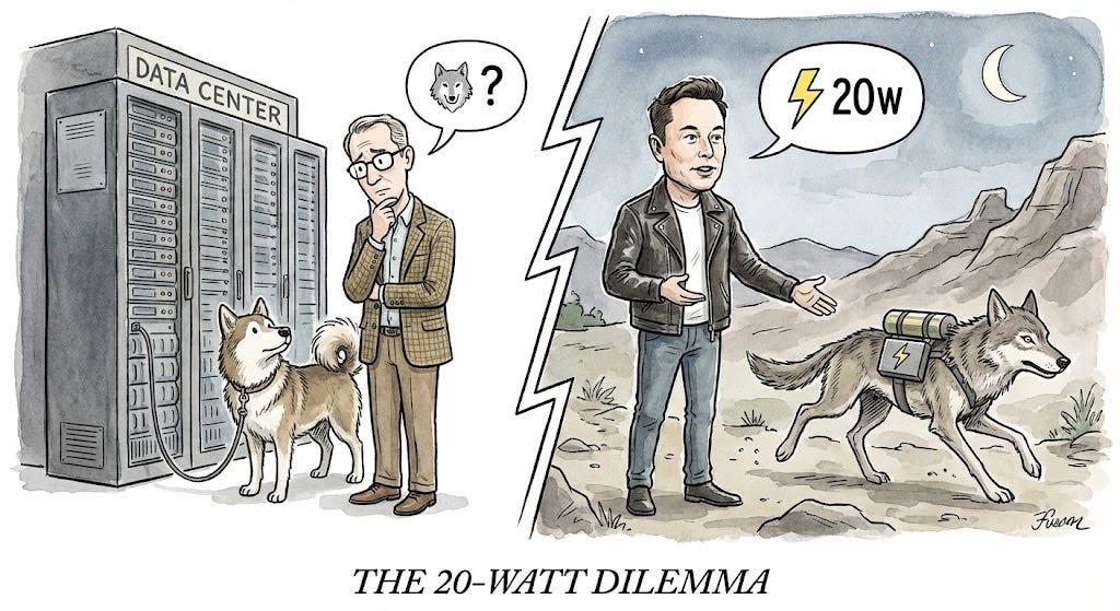 The Wolf, The Dog, and The 20-Watt Limit: Why The Future of AI Isn't Bigger, It's Hungrier
