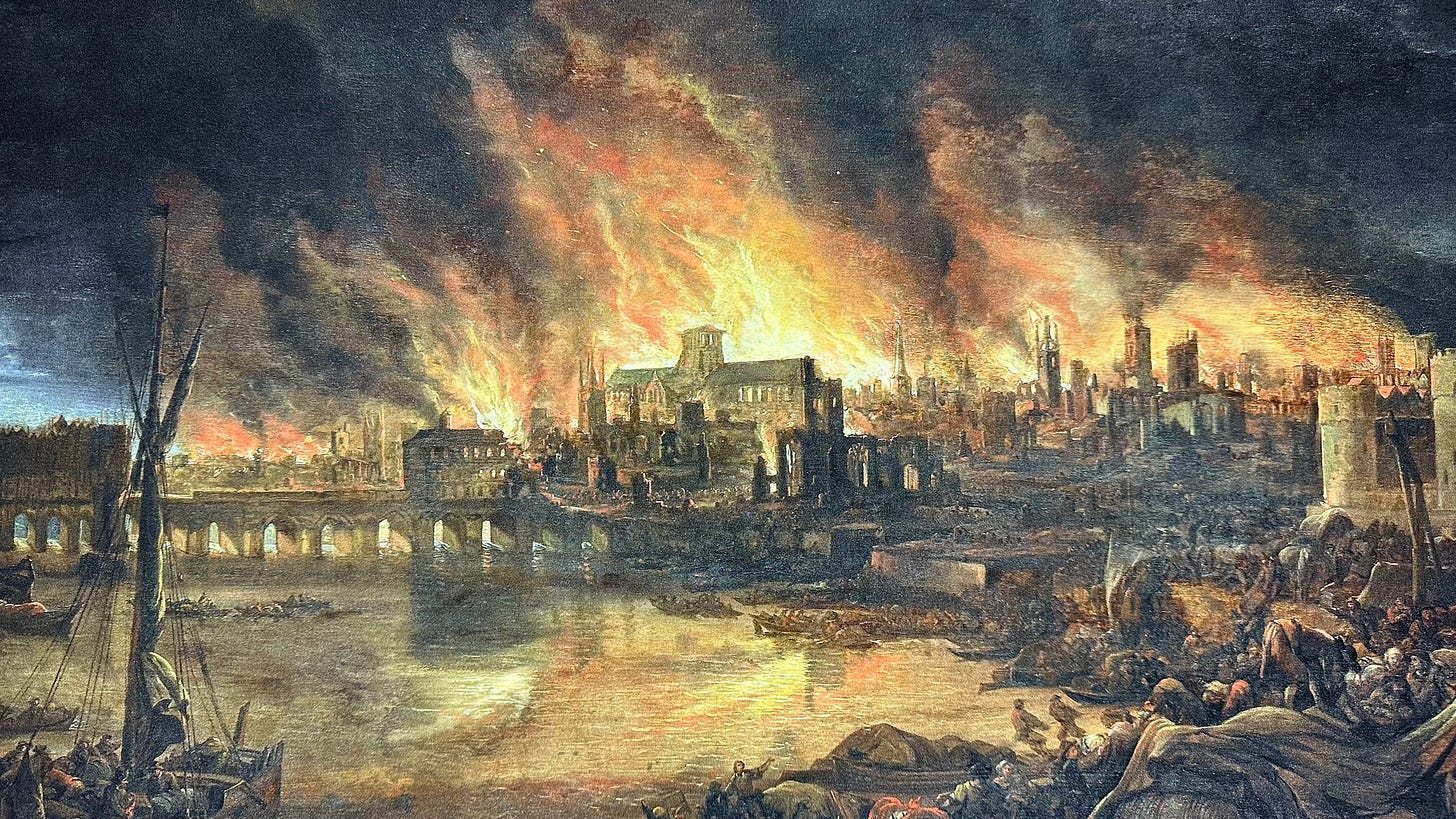 The Great Fire of London. Painting on display in the crypt of St. Paul’s Cathedral, London. Photographed 2025.