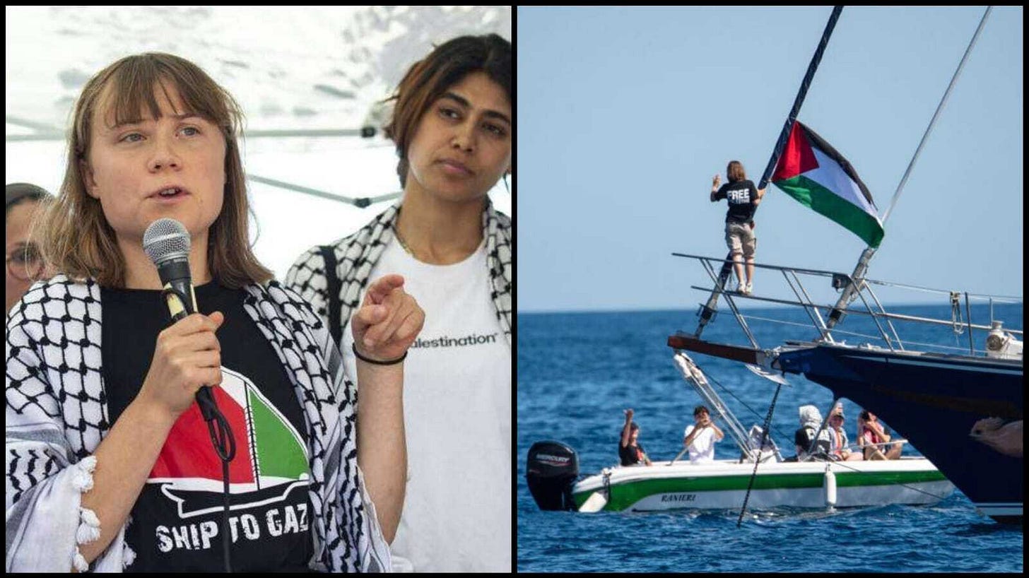 Greta Thunberg speaking at Gaza flotilla rally wearing keffiyeh and "Ship to Gaza" shirt (left); sailboat with Palestinian flag in Mediterranean Sea carrying crew and 47 tonnes of quinoa before Israeli naval interception dubbed it a "selfie yacht" Greta Thunberg speaking at Gaza flotilla rally wearing keffiyeh and "Ship to Gaza" shirt (left); sailboat with Palestinian flag in Mediterranean Sea carrying crew and 47 tonnes of quinoa before Israeli naval interception dubbed it a "selfie yacht"