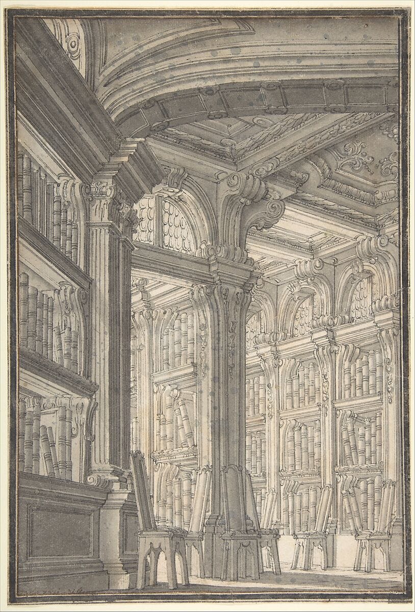 Foreshortening of a Library, Carlo Galli Bibiena (Italian, Vienna 1728–after 1778), Pen and brown ink, brush and gray wash, over traces of leadpoint  Foreshortening of a Library, Carlo Galli Bibiena (Italian, Vienna 1728–after 1778), Pen and brown ink, brush and gray wash, over traces of leadpoint
