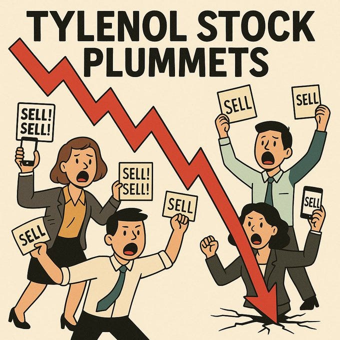 A red downward trending line graph showing a sharp decline, labeled "TYLENOL STOCK PLUMMETS." Four cartoon-style characters, including two men and two women in business attire, holding signs and devices displaying "SELL!!" in red text. The characters appear panicked, with distressed expressions, standing on a cracked ground beneath the graph. A red downward trending line graph showing a sharp decline, labeled "TYLENOL STOCK PLUMMETS." Four cartoon-style characters, including two men and two women in business attire, holding signs and devices displaying "SELL!!" in red text. The characters appear panicked, with distressed expressions, standing on a cracked ground beneath the graph.