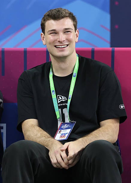 Fernando Mendoza of the Indiana Hoosiers looks on during the 2026 NFL Scouting Combine at Lucas Oil Stadium on February 28, 2026 in Indianapolis,...