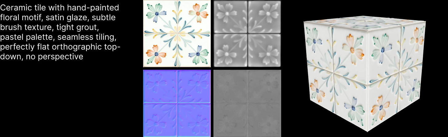 A text prompt for a ceramic floral tile produces four PBR channel maps and a rendered 3D cube.