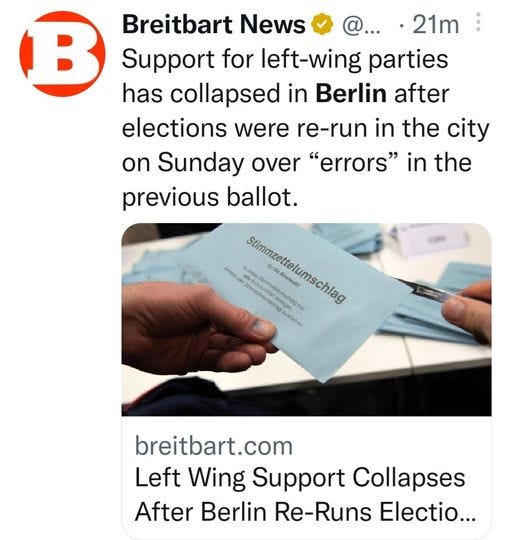 May be an image of text that says 'B Breitbart News ·21m Support for left-wing parties has collapsed in Berlin after elections were re-run in the city on Sunday over "errors" in the previous ballot. AS மda Sa riefaaht tukleben breitbart.com Left Wing Support Collapses After Berlin Re-Runs Electio...'